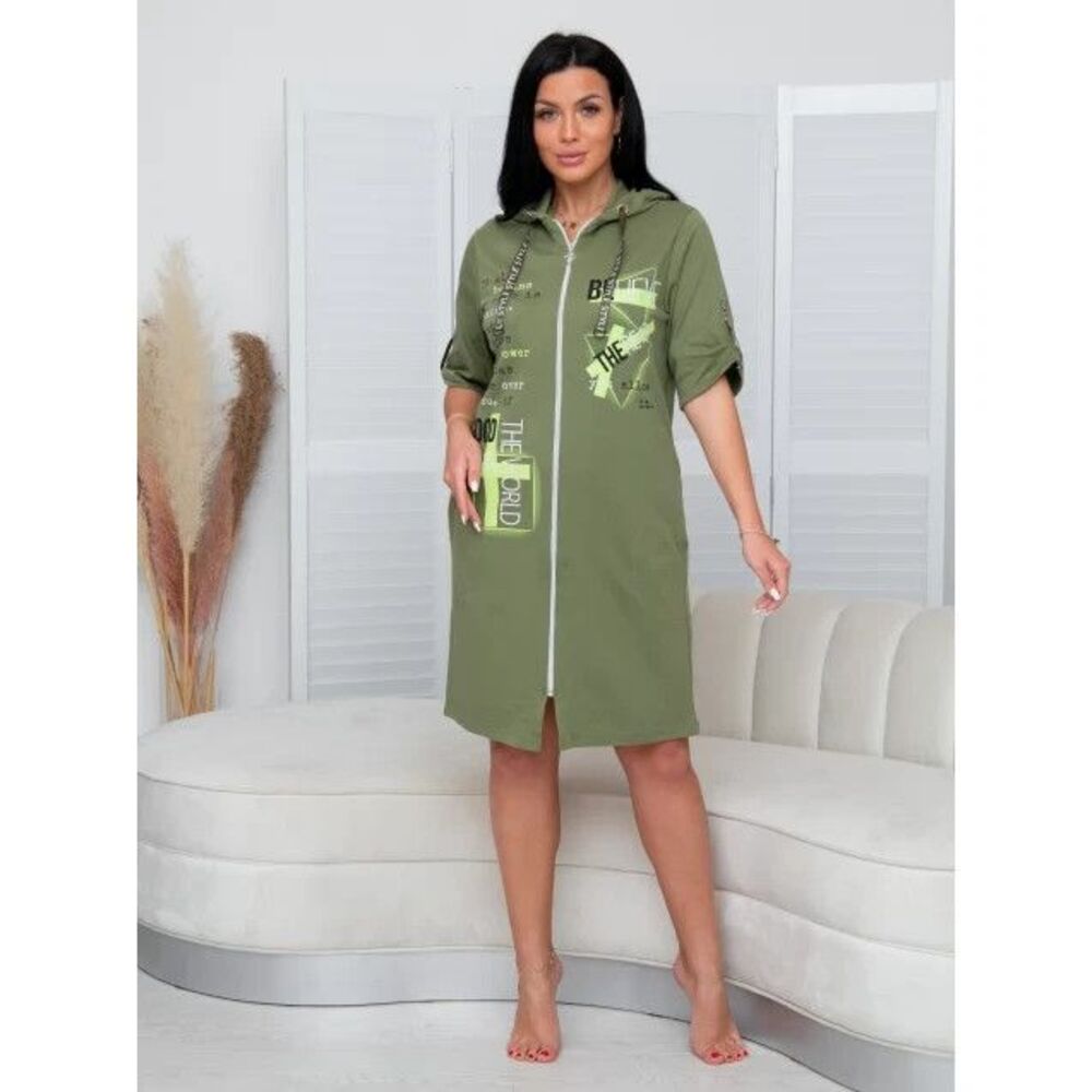 Womens S Green Print Cotton Knit Hooded Robe Zip Short Sleeve Midi House Dress